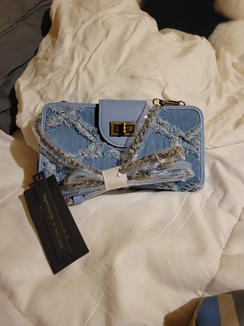 Denim Blue Chain-Detail Crossbody Wallet